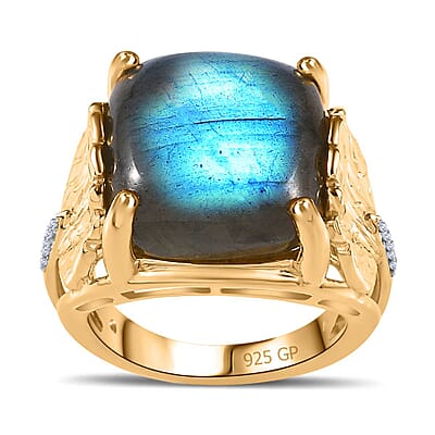 GP Labradorite and White Zircon 13.68 ctw Fancy Ring in Vermeil Yellow Gold Over Sterling Silver (Size 8.0) (8.28 g)