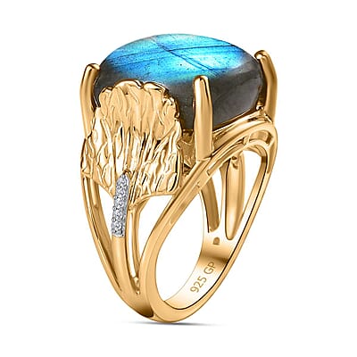 GP Labradorite and White Zircon 13.68 ctw Fancy Ring in Vermeil Yellow Gold Over Sterling Silver (Size 8.0) (8.28 g)