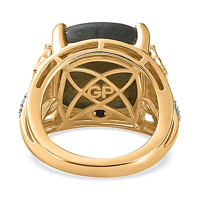 GP Labradorite and White Zircon 13.68 ctw Fancy Ring in Vermeil Yellow Gold Over Sterling Silver (Size 8.0) (8.28 g)
