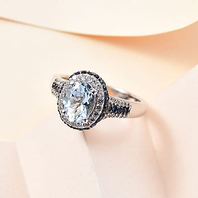 Santa Maria Aquamarine and Multi Gemstone Ring in Platinum Over Sterling Silver (Size 10.0) 2.00 ctw