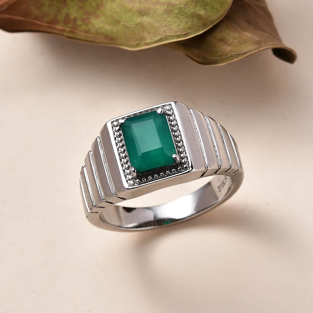Green Onyx Men's Ring in Stainless Steel (Size 12.0) 2.10 ctw image number 1