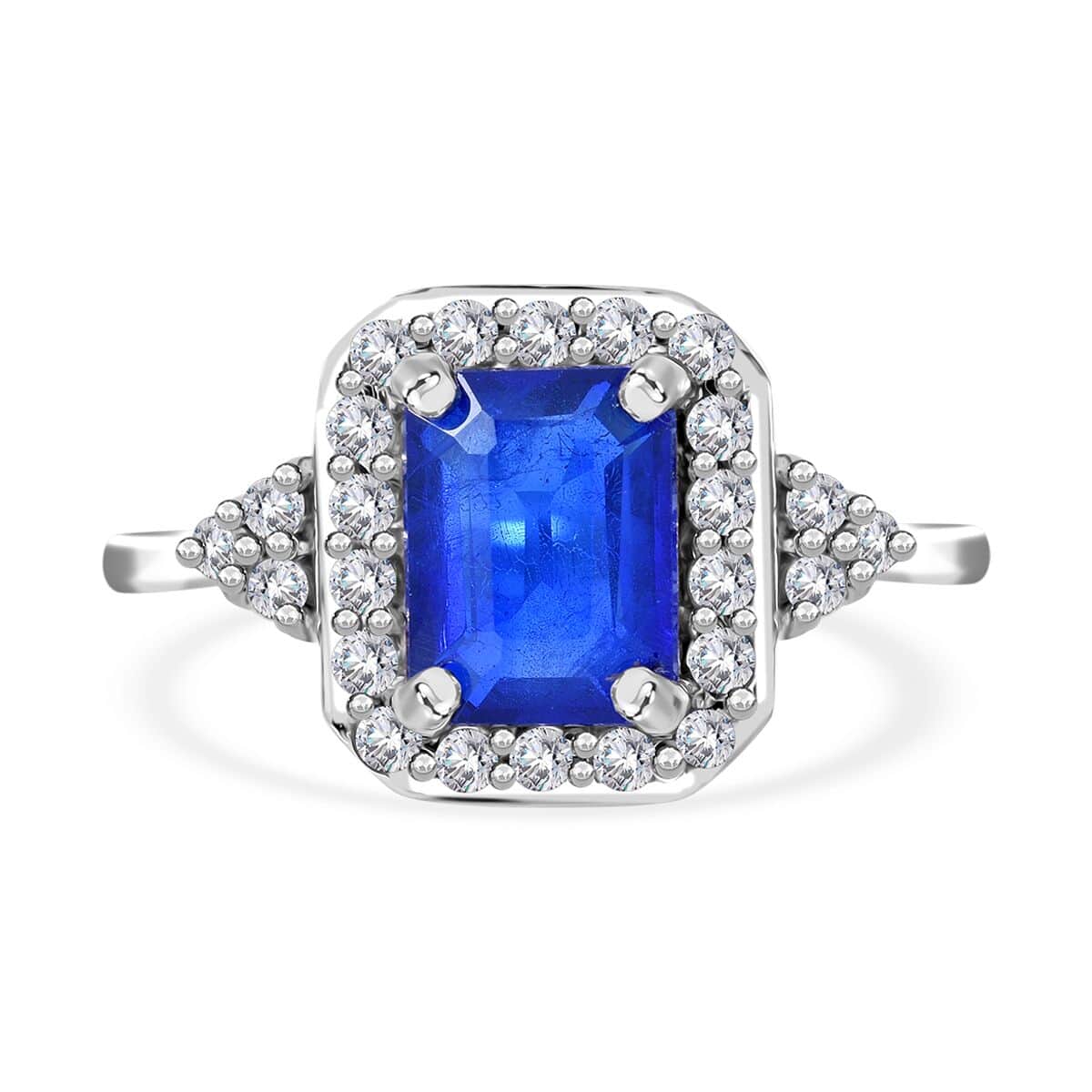 Doorbuster Tanzanian Blue Spinel (DF) and White Zircon Halo Ring in Platinum Over Sterling Silver (Size 10.0) 2.40 ctw image number 0