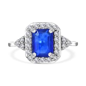 Tanzanian Cobalt Blue Spinel (DF) and White Zircon Halo Ring in Platinum Over Sterling Silver (Size 10.0) 2.40 ctw