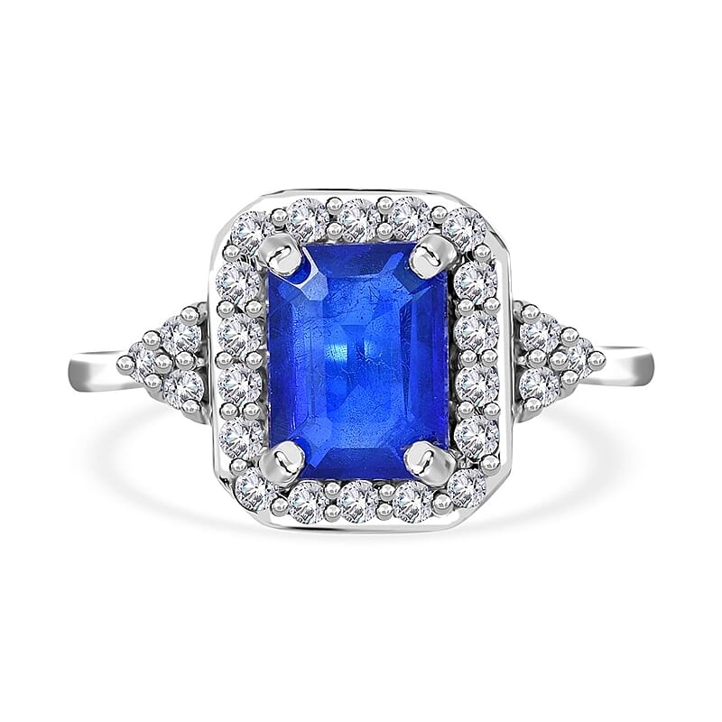 Tanzanian Cobalt Blue Spinel (DF) and White Zircon Halo Ring in Platinum Over Sterling Silver (Size 10.0) 2.40 ctw