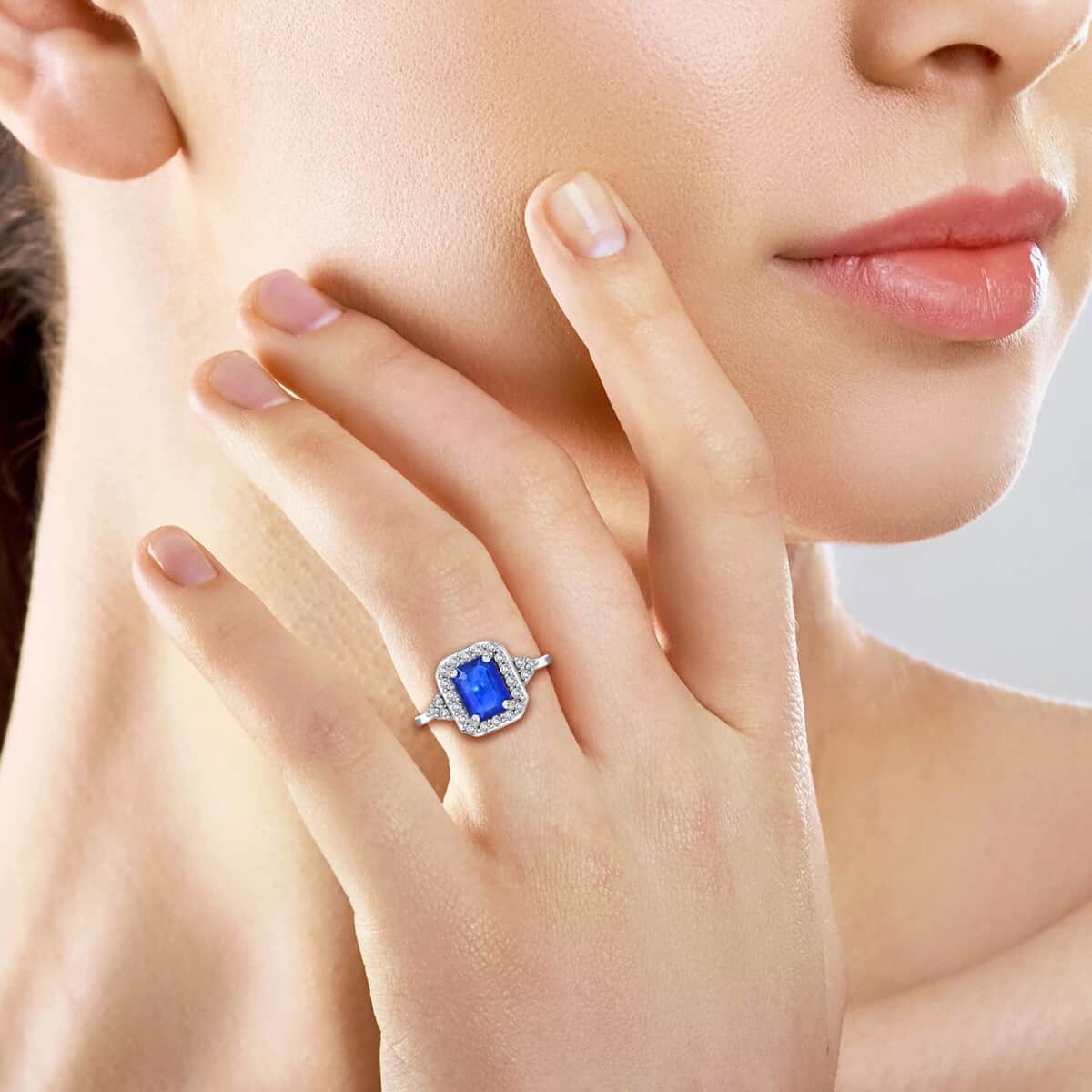 Tanzanian Cobalt Blue Spinel (DF) and White Zircon Halo Ring in Platinum Over Sterling Silver (Size 10.0) 2.40 ctw image number 1