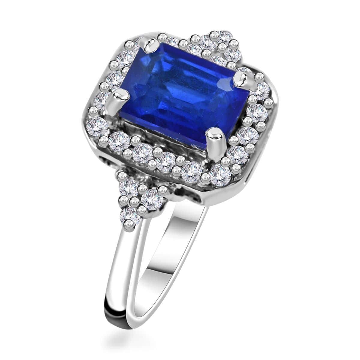 Doorbuster Tanzanian Blue Spinel (DF) and White Zircon Halo Ring in Platinum Over Sterling Silver (Size 10.0) 2.40 ctw image number 2