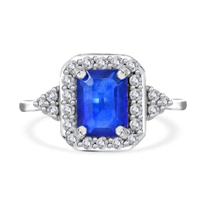 Tanzanian Cobalt Blue Spinel (DF) and White Zircon Halo Ring in Platinum Over Sterling Silver (Size 8.0) 2.40 ctw