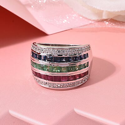 Multi Gemstone and White Zircon 3.70 ctw Rainbow Elegance Ring in Rhodium Over Sterling Silver (Size 10.0)