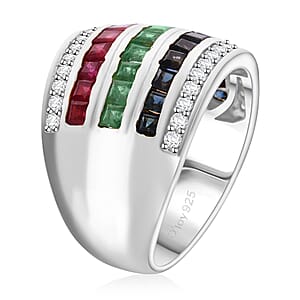 Multi Gemstone and White Zircon 3.70 ctw Rainbow Elegance Ring in Rhodium Over Sterling Silver (Size 6.0)