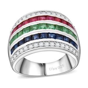 Multi Gemstone and White Zircon 3.70 ctw Rainbow Elegance Ring in Rhodium Over Sterling Silver (Size 9.0)