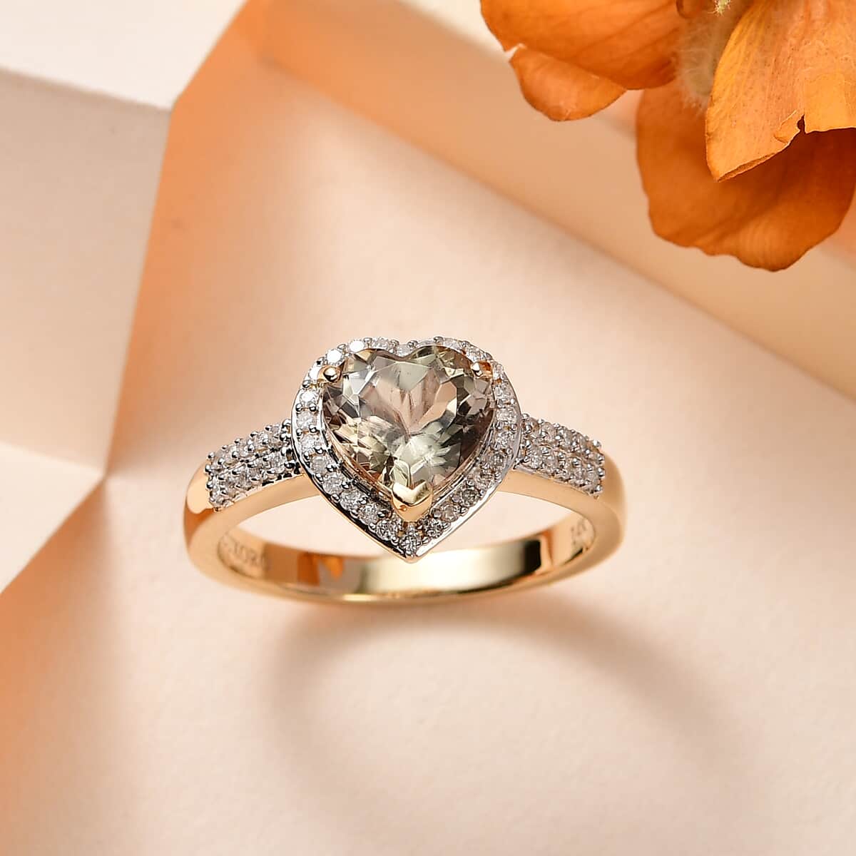 Luxoro 14K Yellow Gold AAA Turkizite and G-H I2 Diamond Heart Ring (Size 7.0) 2.35 ctw image number 1