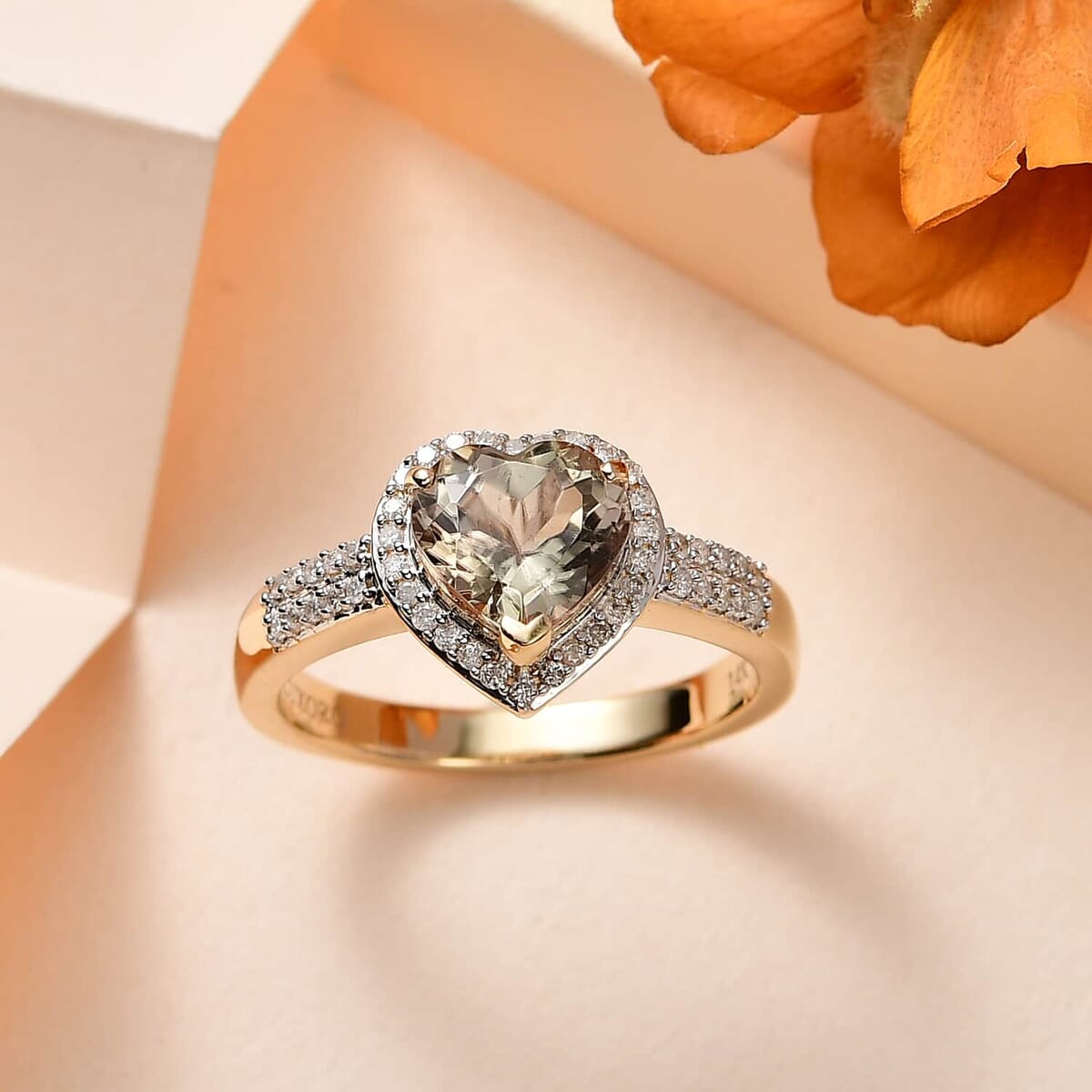Luxoro 14K Yellow Gold AAA Turkizite and G-H I2 Diamond Heart Ring (Size 9.5) 2.35 ctw image number 1
