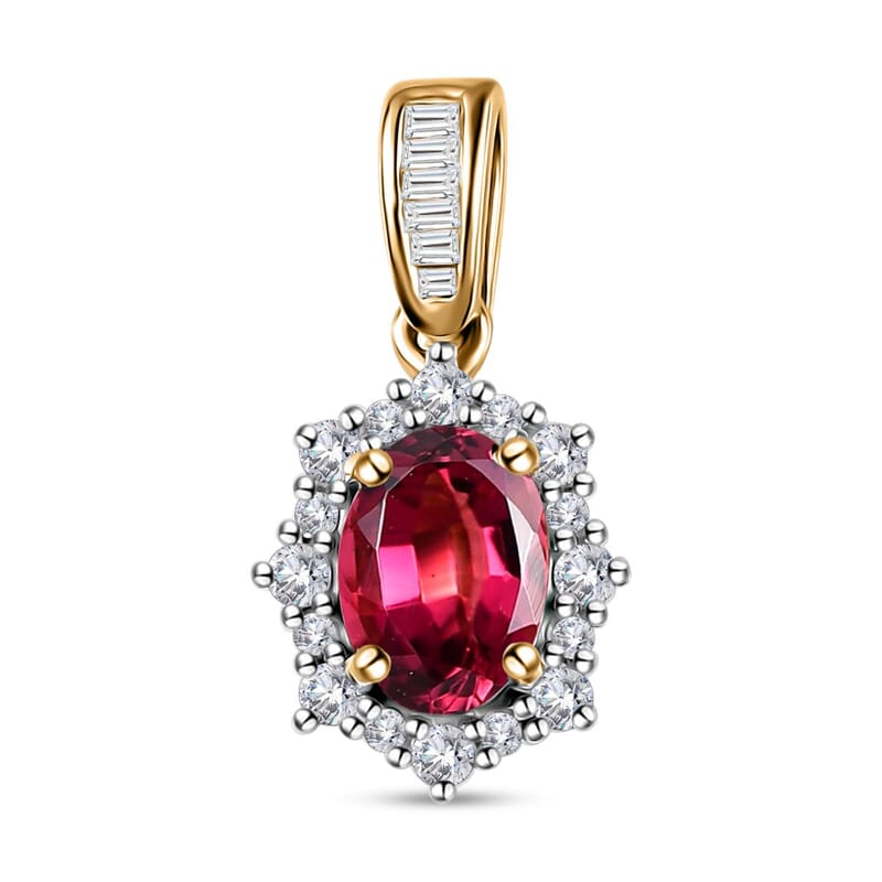 Luxoro 14K Yellow Gold AAA Ouro Fino Rubellite and G-H I3 Diamond Sunburst Pendant without Chain 1.10 ctw