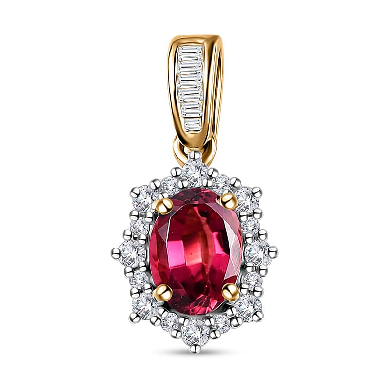 Luxoro 14K Yellow Gold AAA Ouro Fino Rubellite and G-H I3 Diamond Sunburst Pendant without Chain 1.10 ctw