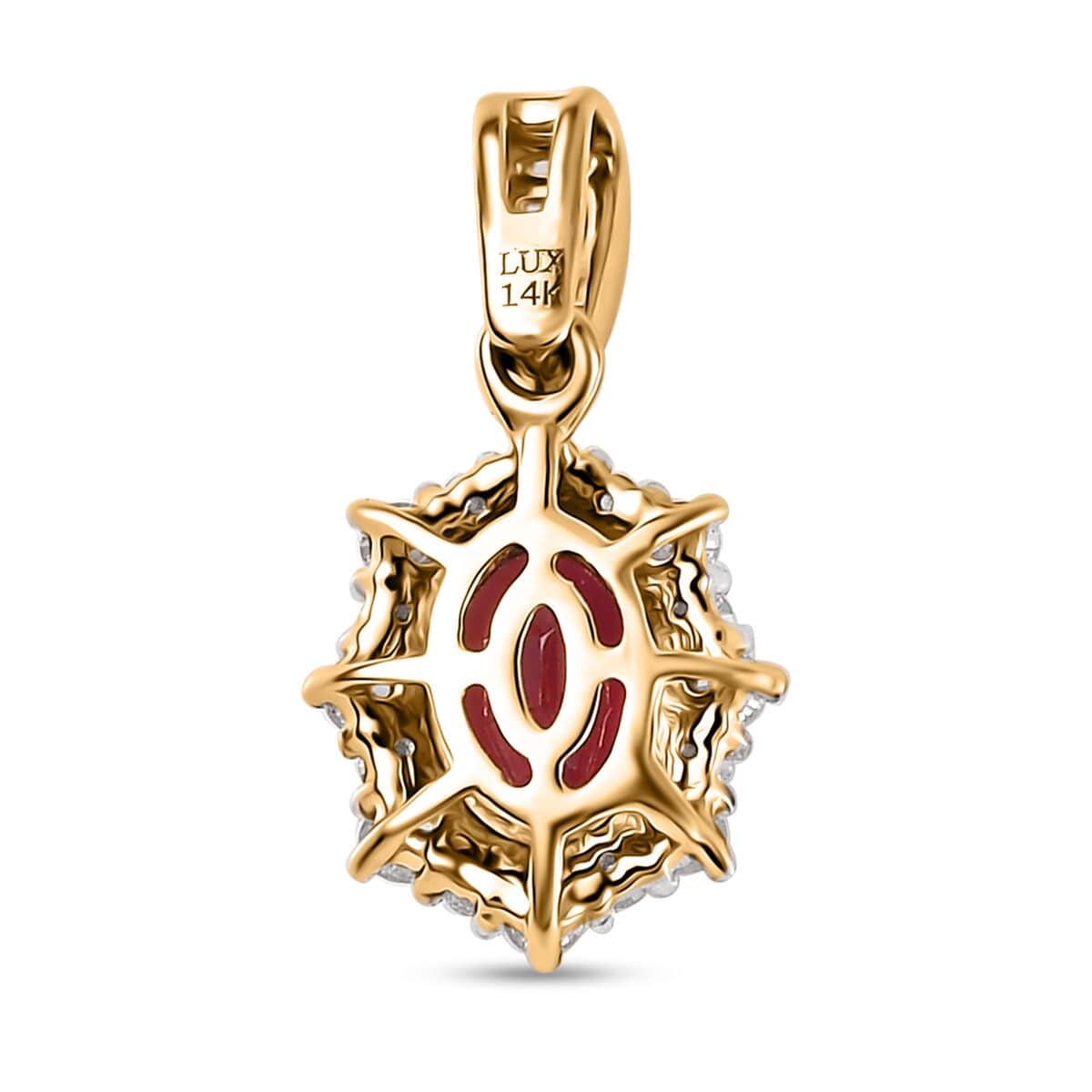 Luxoro 14K Yellow Gold AAA Ouro Fino Rubellite and G-H I3 Diamond Sunburst Pendant 1.10 ctw image number 4