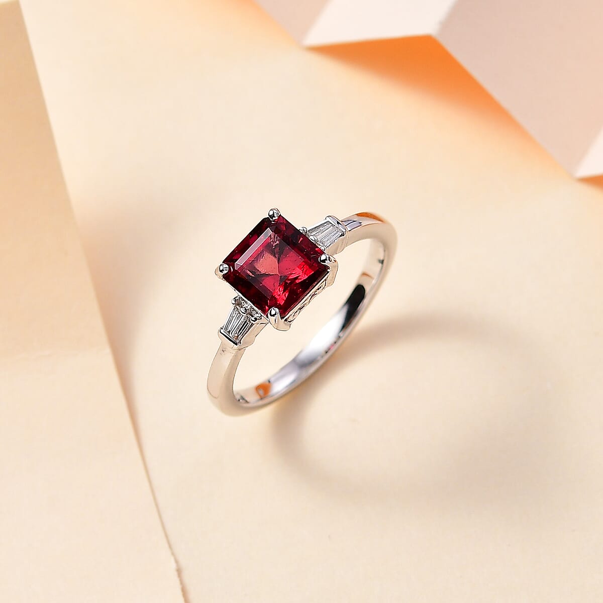 Luxoro Asscher Cut AAA Ouro Fino Rubellite and G-H I2 Diamond 1.90 ctw Ring in 14K White Gold (Size 6.0) image number 1