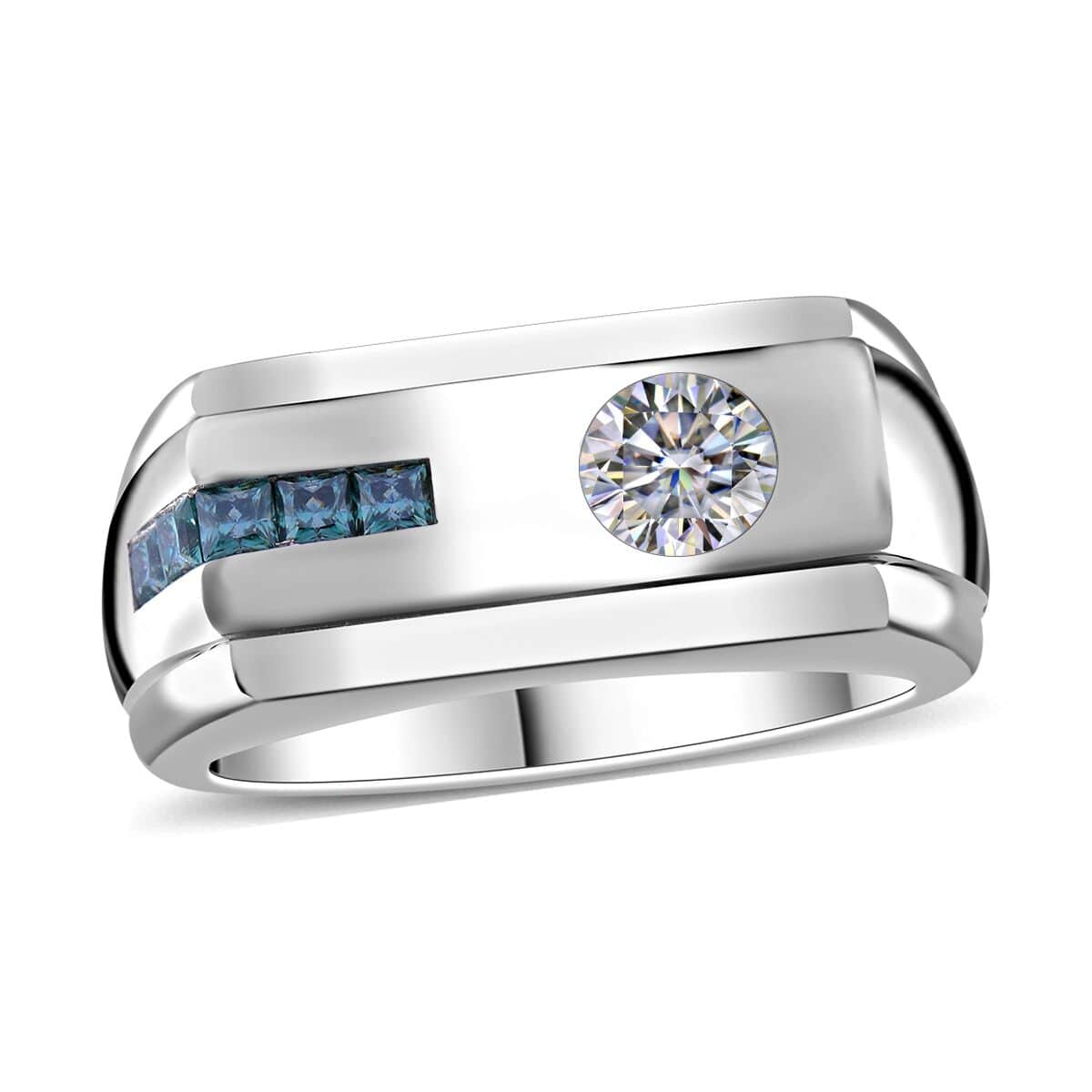 Doorbuster White Moissanite (Rnd 5mm), Blue Moissanite Men's Ring in Platinum Over Sterling Silver (Size 10.0) 0.70 ctw image number 0