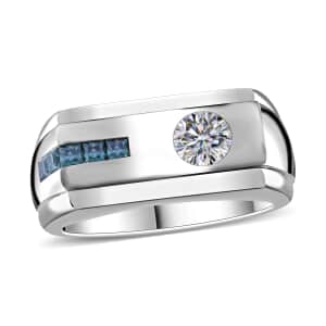 White and Blue Moissanite Ring in Platinum Over Sterling Silver (Size 10.0) 0.70 ctw