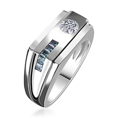 White and Blue Moissanite Ring in Platinum Over Sterling Silver (Size 10.0) 0.70 ctw