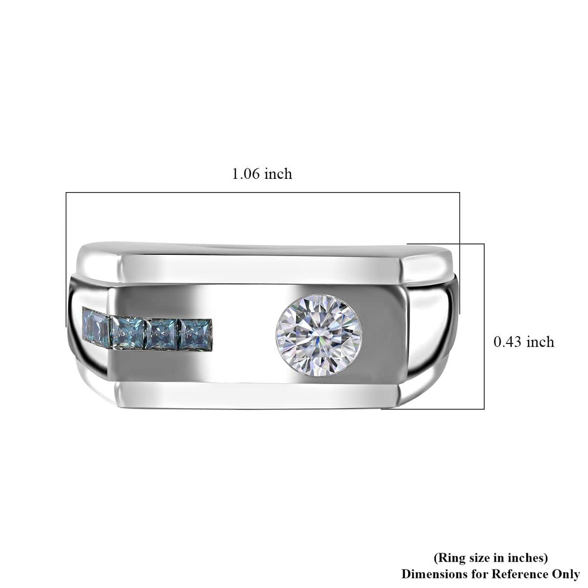 Doorbuster White Moissanite (Rnd 5mm), Blue Moissanite Men's Ring in Platinum Over Sterling Silver (Size 10.0) 0.70 ctw image number 4
