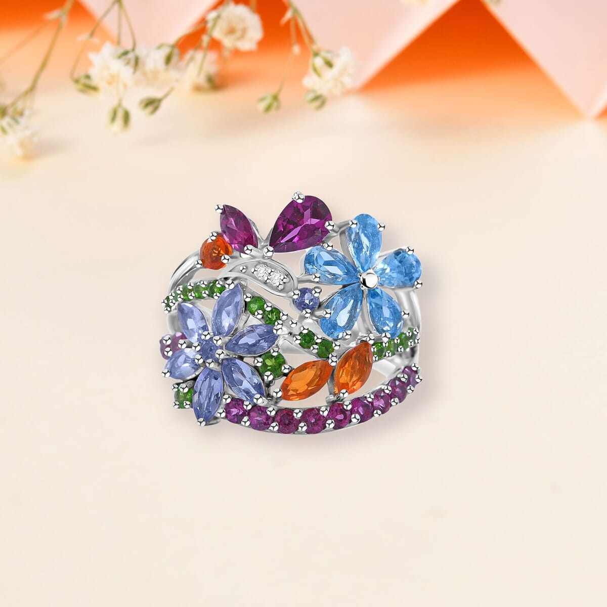 Multi Gemstone Floral Ring in Platinum Over Sterling Silver (Size 10.0) 3.90 ctw image number 1