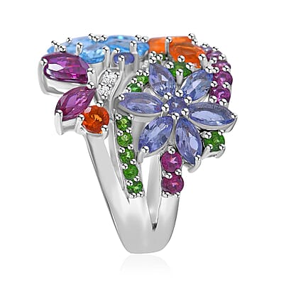 Multi Gemstone Floral Ring in Platinum Over Sterling Silver (Size 10.0) 3.90 ctw