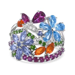 Multi Gemstone Floral Ring in Platinum Over Sterling Silver (Size 5.0) 3.90 ctw