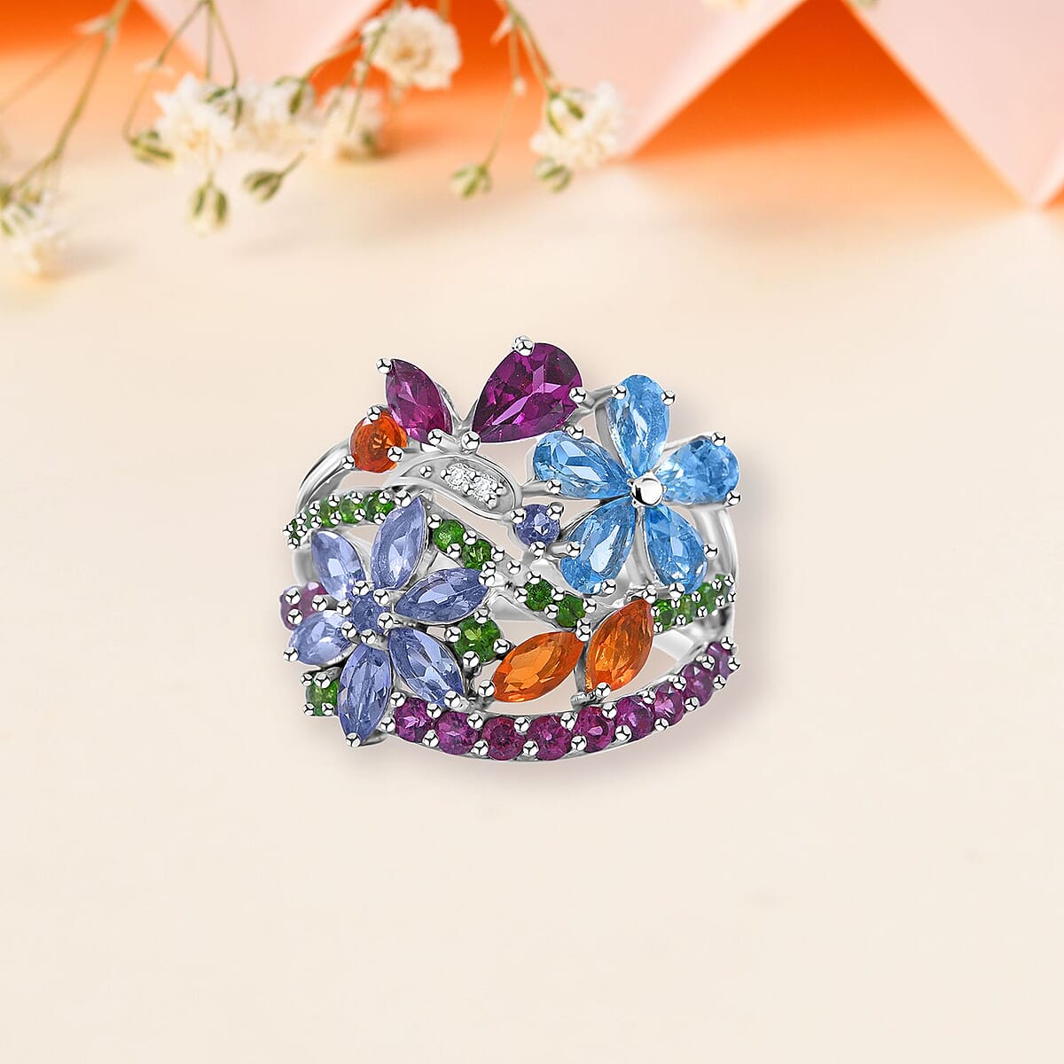 Multi Gemstone Floral Ring in Platinum Over Sterling Silver (Size 8.0) 3.90 ctw image number 1