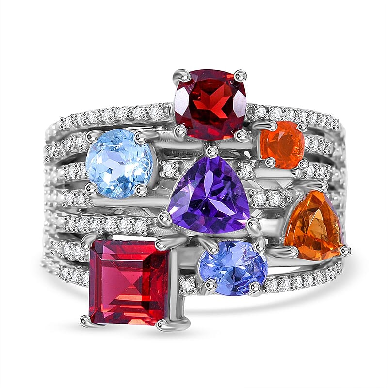 Multi Gemstone 4.25 ctw Multi Shank Ring in Platinum Over Sterling Silver (Size  10.0)