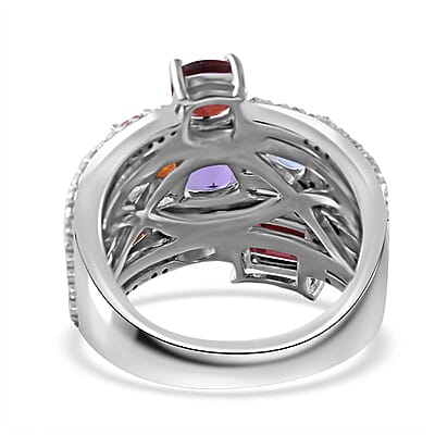Multi Gemstone 4.25 ctw Multi Shank Ring in Platinum Over Sterling Silver (Size  10.0)