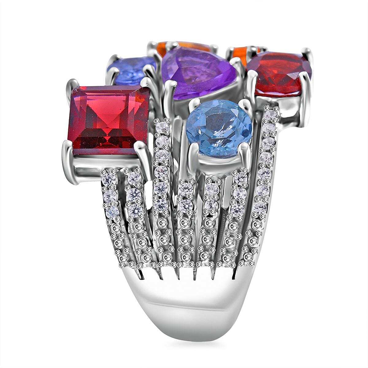 Multi Gemstone Multi Shank Ring in Platinum Over Sterling Silver (Size 6.0) 4.25 ctw image number 2