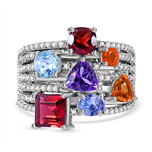 Multi Gemstone Multi Shank Ring in Platinum Over Sterling Silver (Size 8.0) 4.25 ctw
