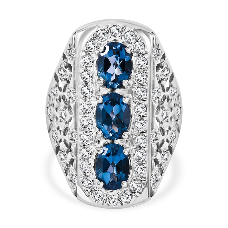 Premium London Blue Topaz and White Zircon 3.90 ctw Trinity Ring in Platinum Over Sterling Silver (Size 10.0)