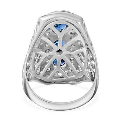 Premium London Blue Topaz and White Zircon 3.90 ctw Trinity Ring in Platinum Over Sterling Silver (Size 10.0)