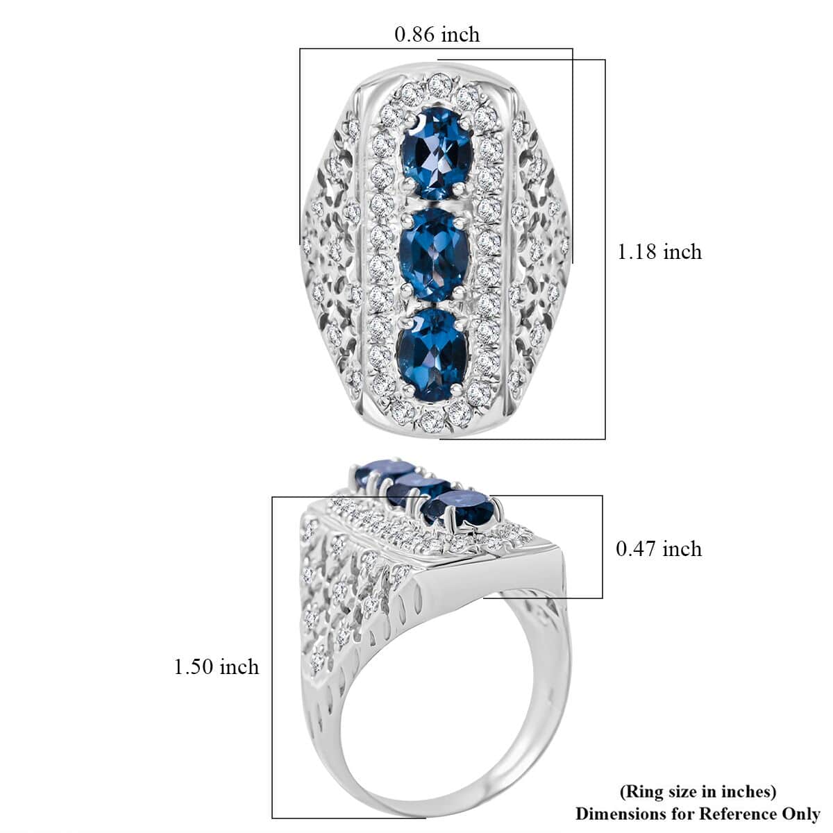 Premium London Blue Topaz and White Zircon 3.90 ctw Trinity Ring in Platinum Over Sterling Silver (Size 10.0) image number 4