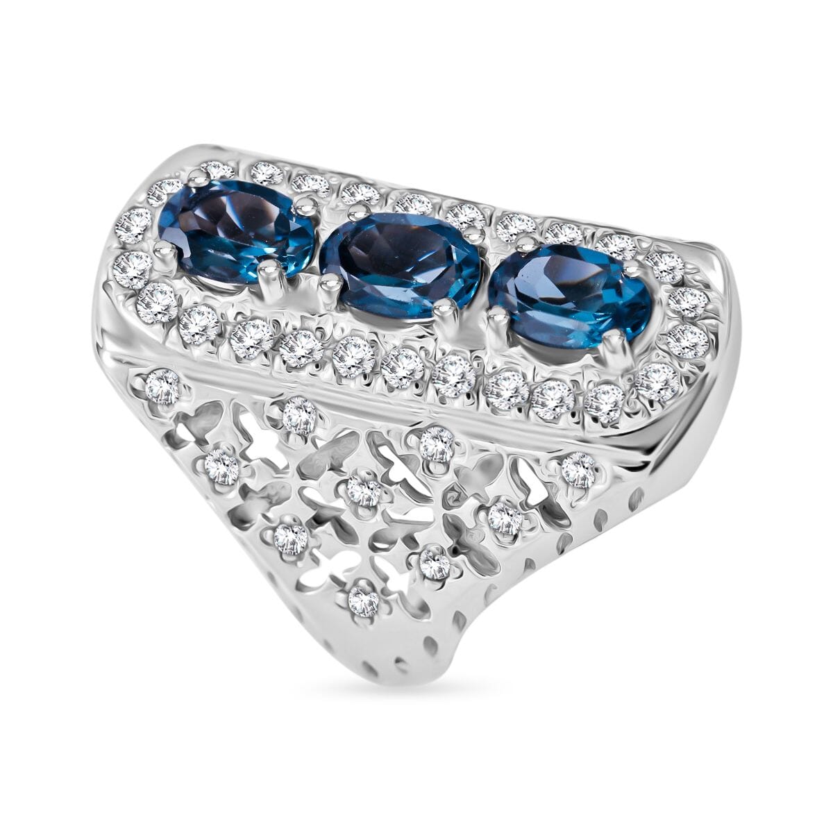 Premium London Blue Topaz and White Zircon 3.90 ctw Trinity Ring in Platinum Over Sterling Silver (Size 6.0) image number 2