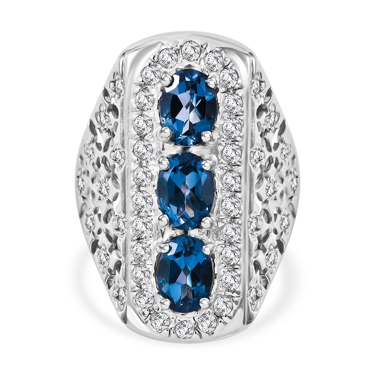Premium London Blue Topaz and White Zircon 3.90 ctw Trinity Ring in Platinum Over Sterling Silver (Size 8.0) image number 0