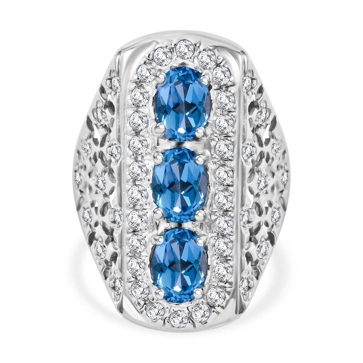 Premium Swiss Blue Topaz and White Zircon 3.90 ctw Trinity Ring in Platinum Over Sterling Silver (Size 7.0) image number 0