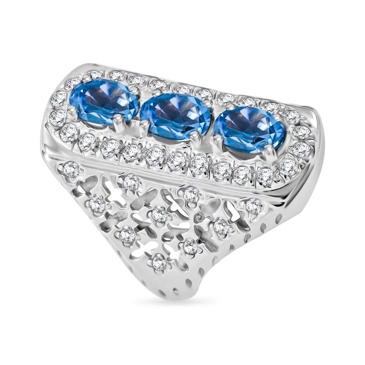 Premium Swiss Blue Topaz and White Zircon 3.90 ctw Trinity Ring in Platinum Over Sterling Silver (Size 7.0) image number 2