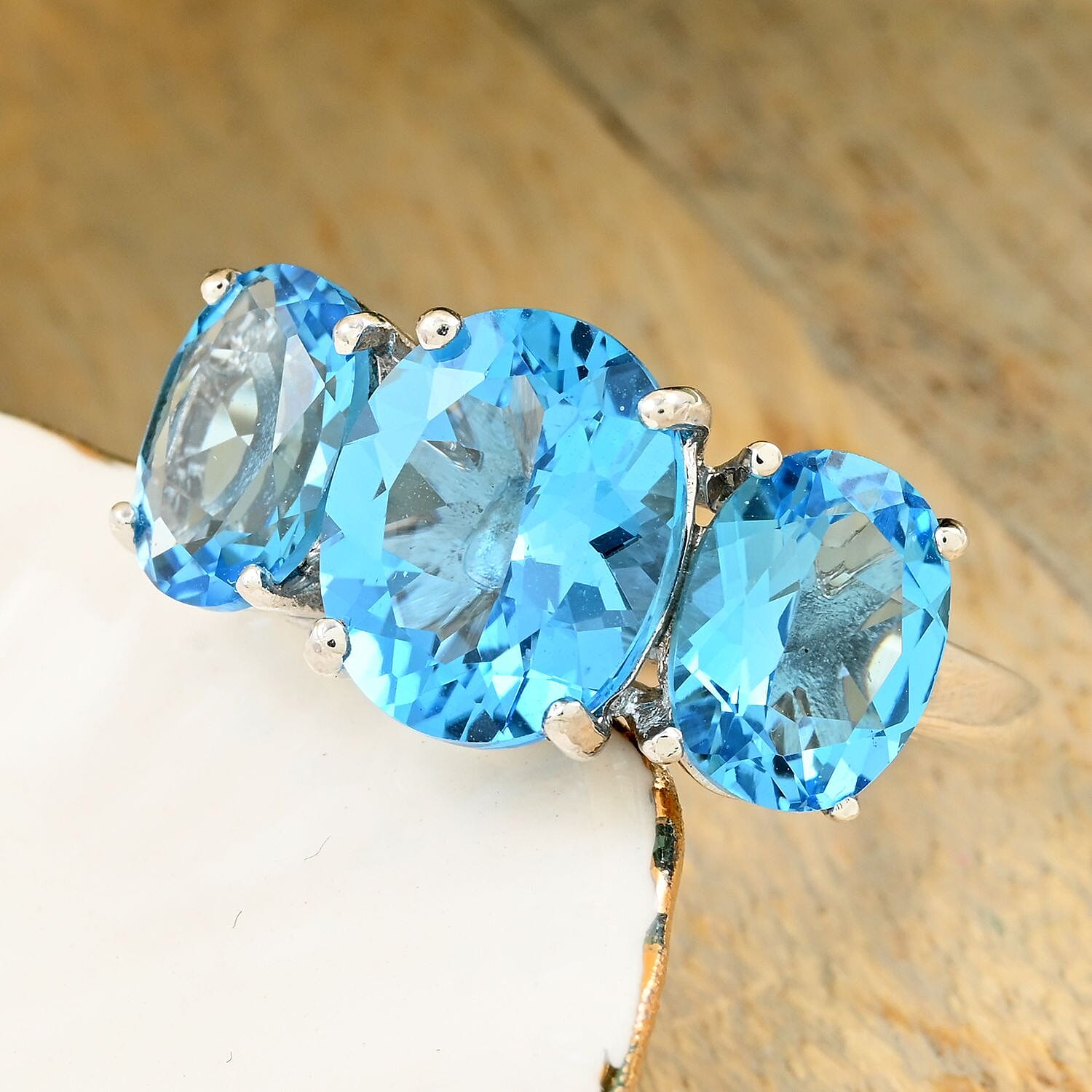 Premium Swiss Blue Topaz 3 Stone Ring in Platinum Over Sterling Silver (Size 10.0) 8.50 ctw