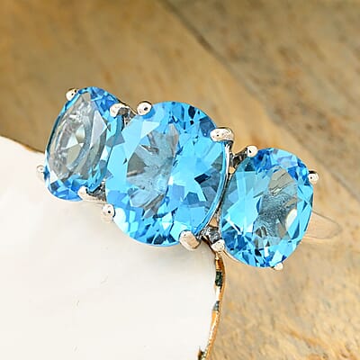 Premium Swiss Blue Topaz 3 Stone Ring in Platinum Over Sterling Silver (Size 10.0) 8.50 ctw
