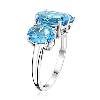 Premium Swiss Blue Topaz 3 Stone Ring in Platinum Over Sterling Silver (Size 10.0) 8.50 ctw