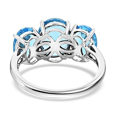 Premium Swiss Blue Topaz 3 Stone Ring in Platinum Over Sterling Silver (Size 10.0) 8.50 ctw