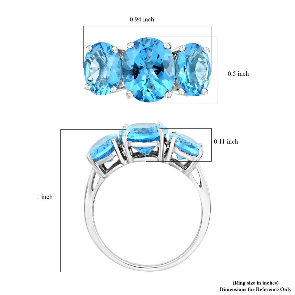 Premium Swiss Blue Topaz 3 Stone Ring in Platinum Over Sterling Silver (Size 10.0) 8.50 ctw image number 5