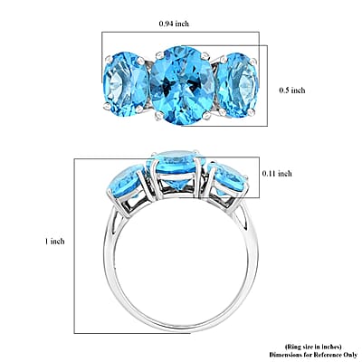 Premium Swiss Blue Topaz 3 Stone Ring in Platinum Over Sterling Silver (Size 10.0) 8.50 ctw