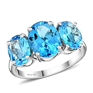 Premium Swiss Blue Topaz 3 Stone Ring in Platinum Over Sterling Silver (Size 6.0) 8.50 ctw
