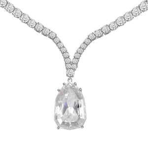 Moissanite Drop Necklace 18 Inches in Rhodium Over Sterling Silver 100.40 ctw