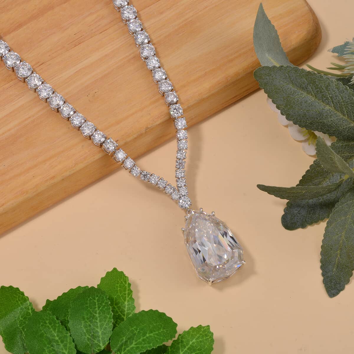 Moissanite Drop Necklace 18 Inches in Rhodium Over Sterling Silver 100.40 ctw image number 1