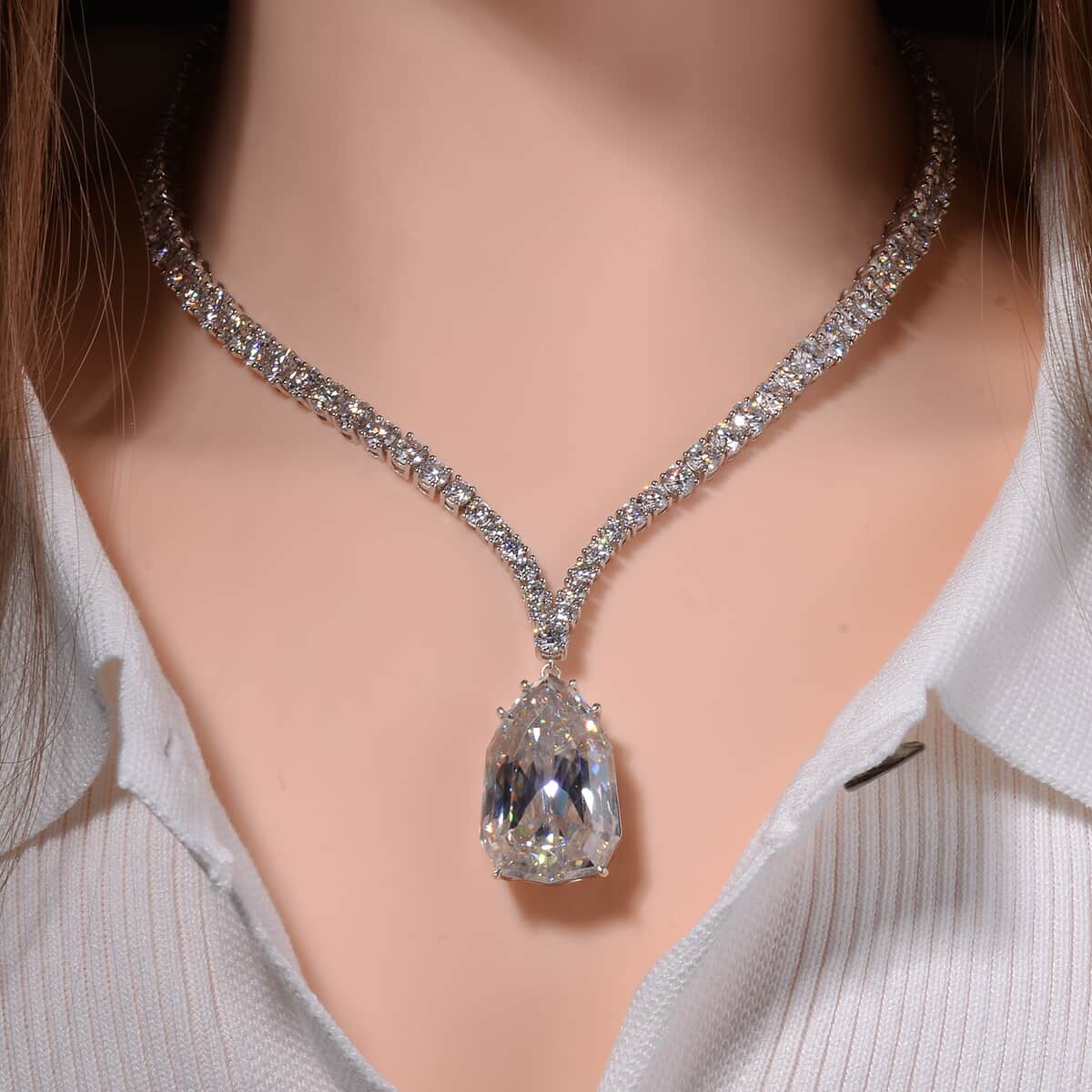 Moissanite Drop Necklace 18 Inches in Rhodium Over Sterling Silver 100.40 ctw image number 2
