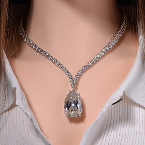 Moissanite Drop Necklace 18 Inches in Rhodium Over Sterling Silver 100.40 ctw